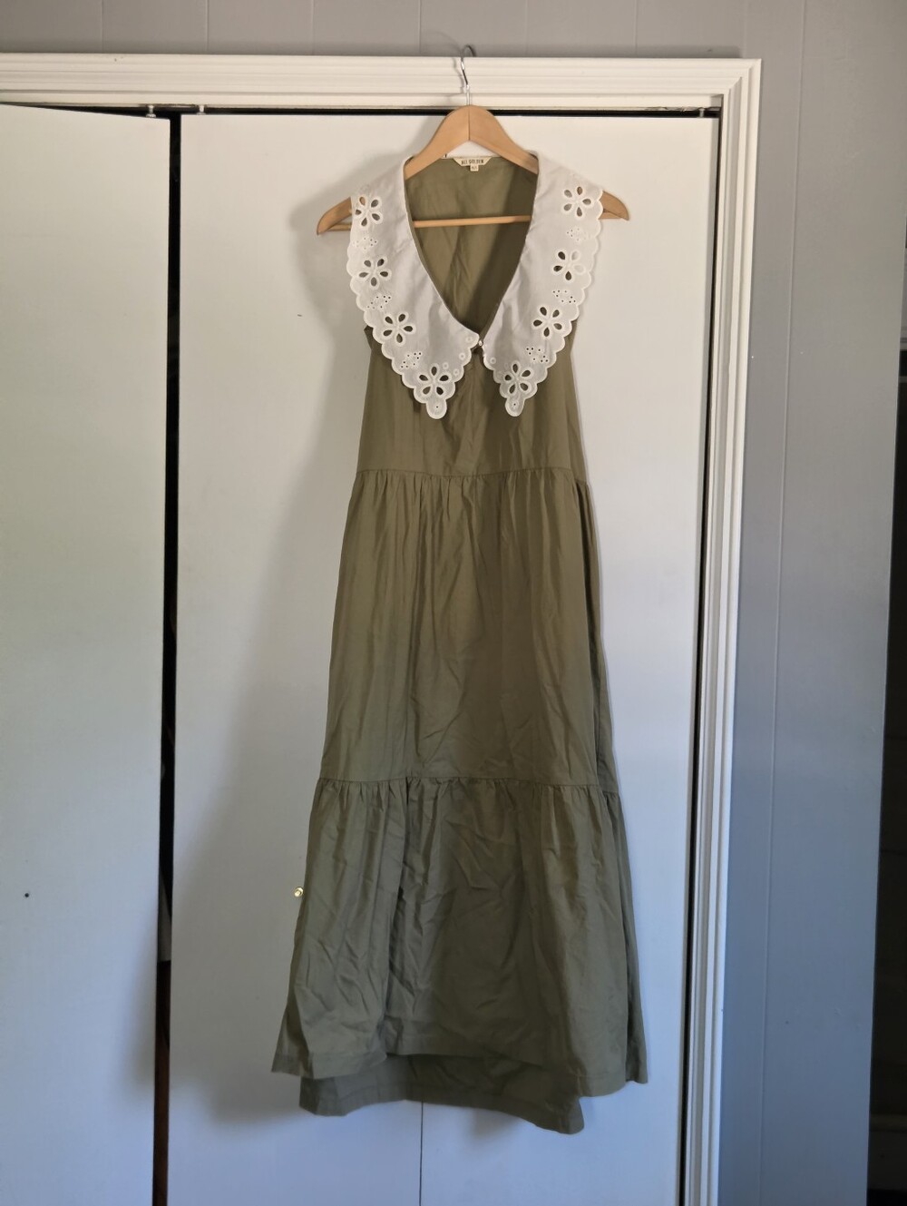 Ali Golden Olive Maxi Dress with Detachable White Eyelet Collar